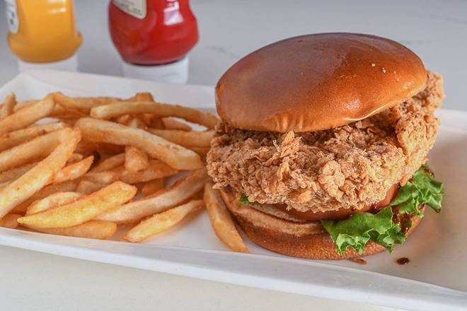 Order Spicy Fried Chicken Sandwich with French Fries food online from Talia's Cafe store, Allen on bringmethat.com