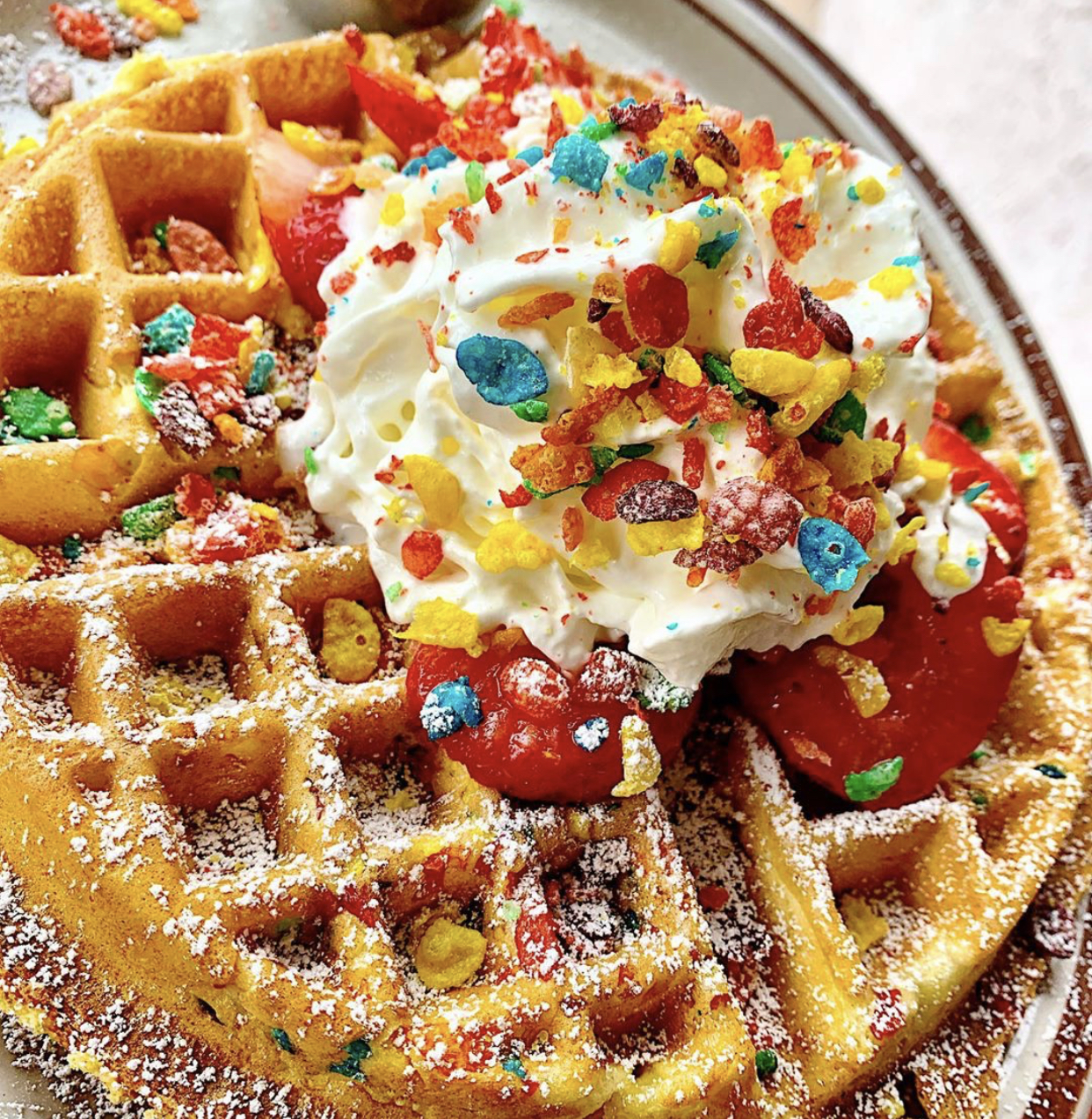 Order Fruity Pebbles Waffle with Strawberries  food online from Eat'n Park store, Burbank on bringmethat.com