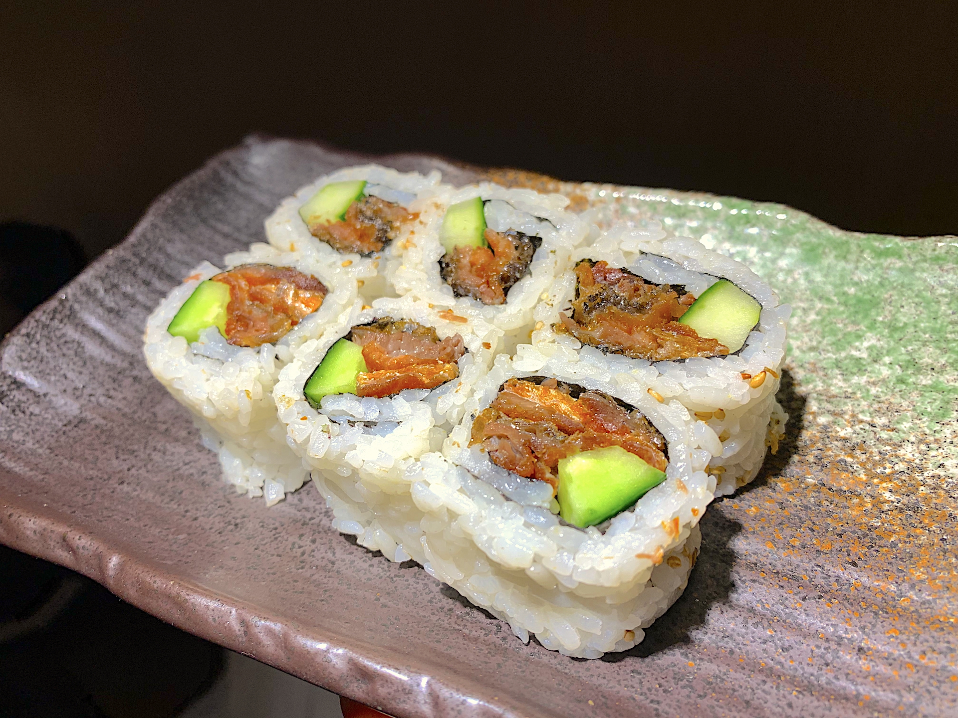 Order R40. Salmon Skin Roll food online from Sushitoo Express store, Gibsonia on bringmethat.com