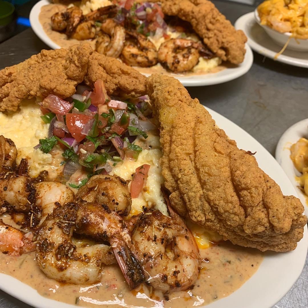 Order New Orleans Catfish Shrimp and Grits food online from Chef Tam Underground Cafe store, Memphis on bringmethat.com