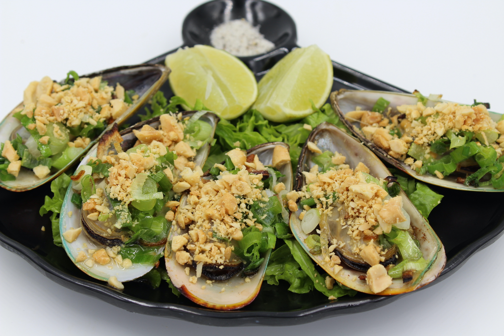 Order A16. Grilled mussels with scallions butter, fried shallots and peanuts	 food online from Watda Pho store, Englewood on bringmethat.com