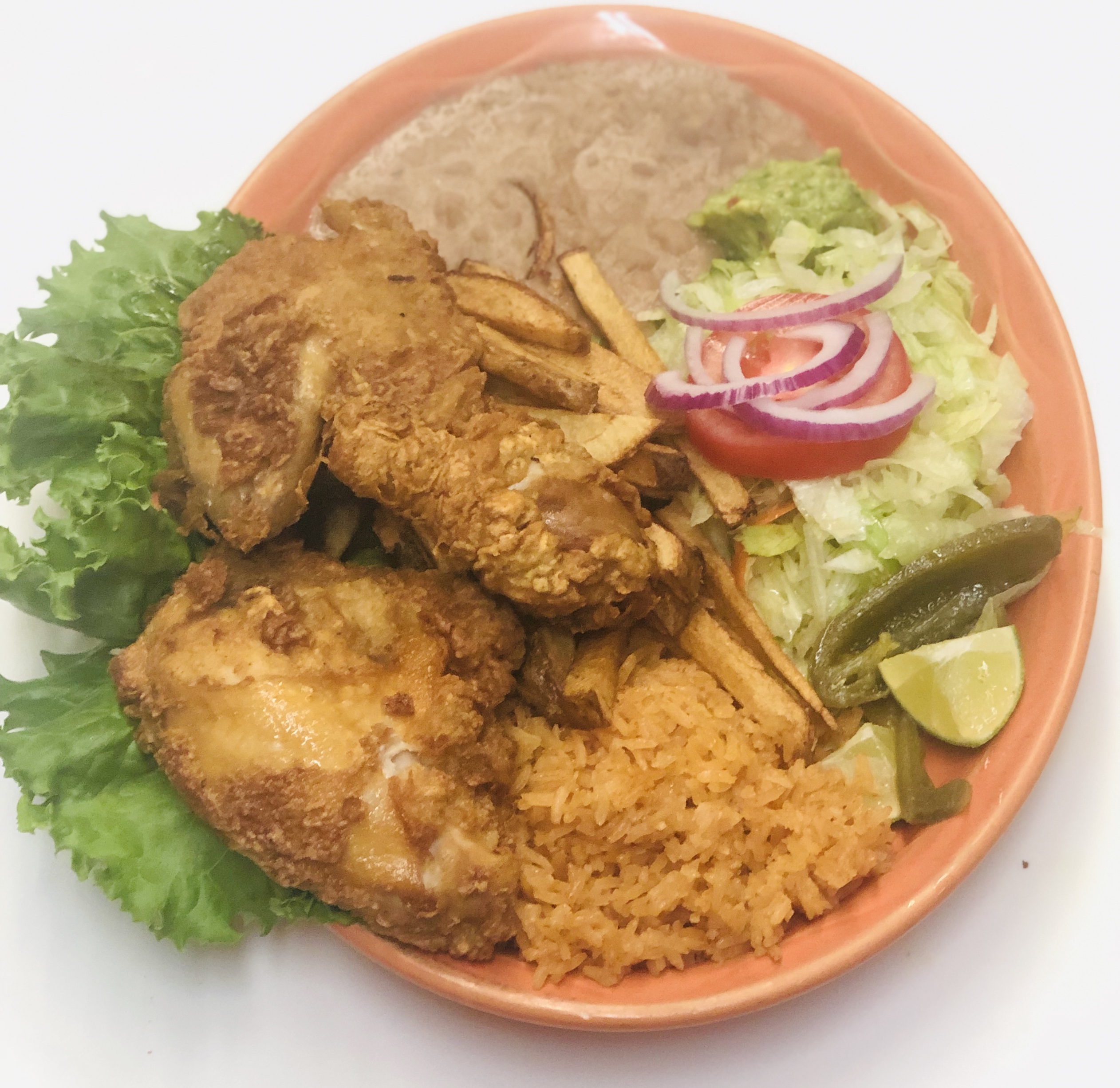 Order Pollo Frito Plate food online from El Michoacano store, Gilroy on bringmethat.com