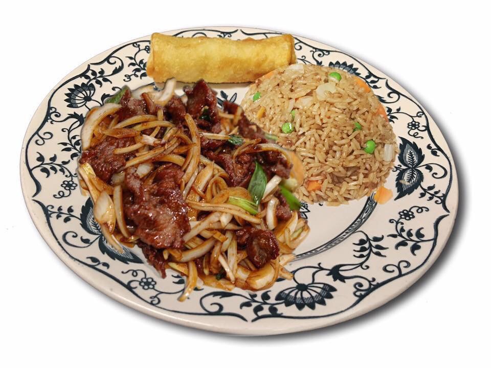 Order C24. Mongolian Beef Dinner Combination Platter food online from Panda Garden store, Bettendorf on bringmethat.com