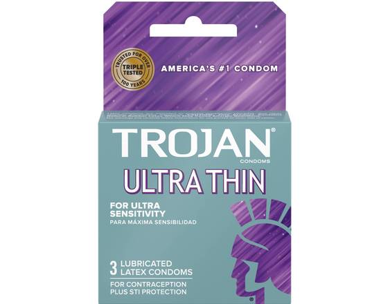 Order Trojan Ultra Thin 3 pack food online from Divine Wine and Spirits store, San Diego on bringmethat.com
