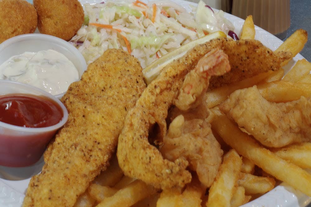 Order Shrimp & Fish Chips Dinner - Dinner food online from Positanos Pizza store, Chicago on bringmethat.com