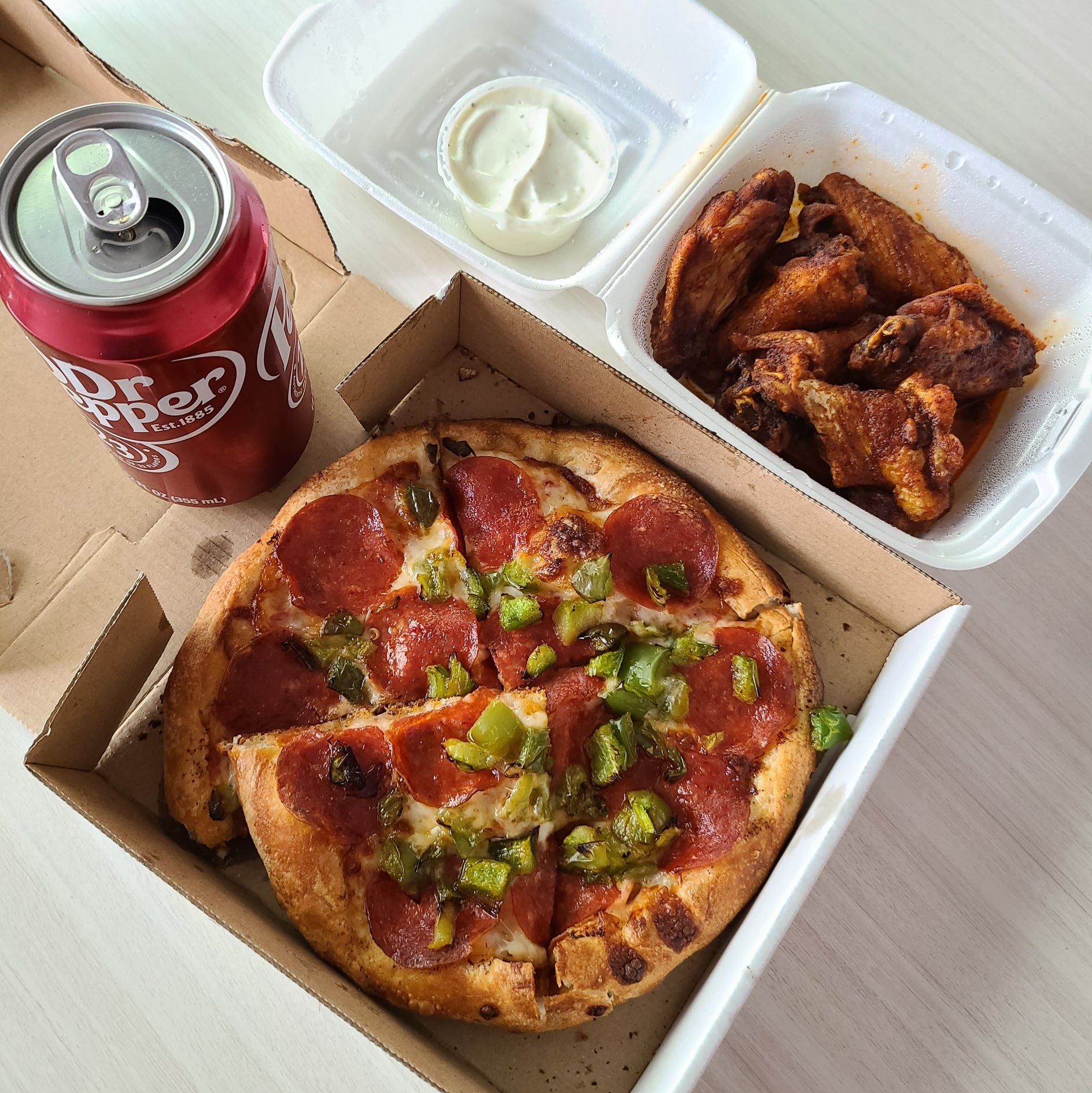 Order One Personal Pizza with Three Toppings, 6 Pieces of Wings & can of Drink Lunch - Lunch food online from Crispy Crust store, Los Angeles on bringmethat.com