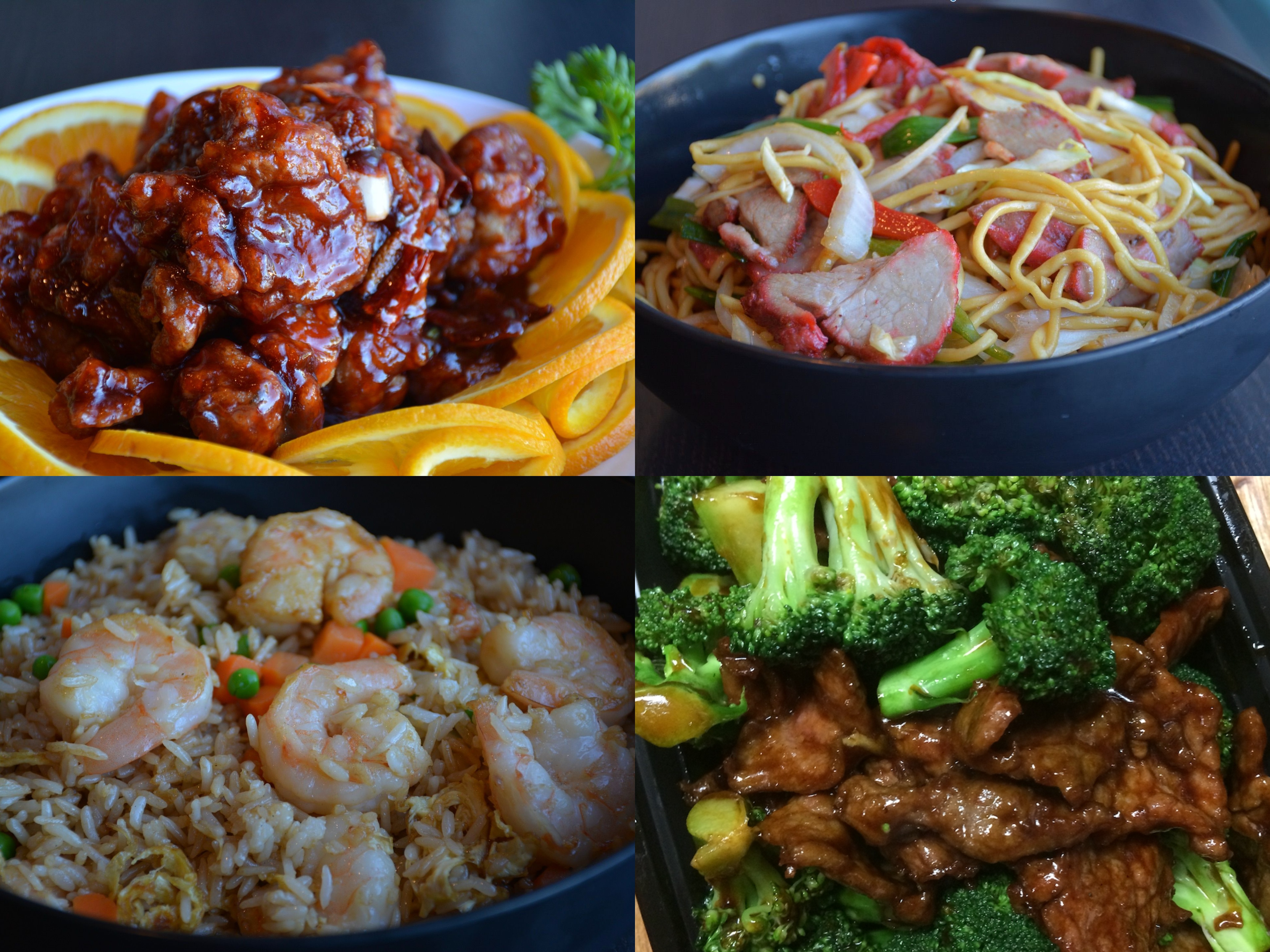 Order Feeds 4: Orange Chicken, Beef with Broccoli, BBQ Pork Chow Mein, Shrimp Fried Rice + Large Soup food online from KPB Asian Bistro store, Santa Fe Springs on bringmethat.com