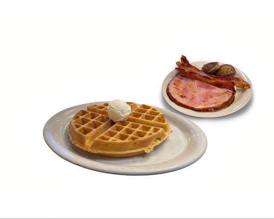 Order Belgian Waffle with Bacon, Ham or Sausage food online from Norma's Cafe store, Frisco on bringmethat.com