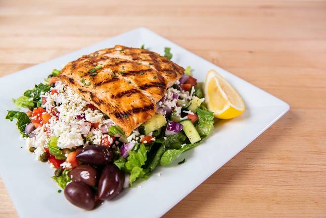 Order Grilled Salmon Greek Salad food online from The Big Greek Cafe store, Silver Spring on bringmethat.com