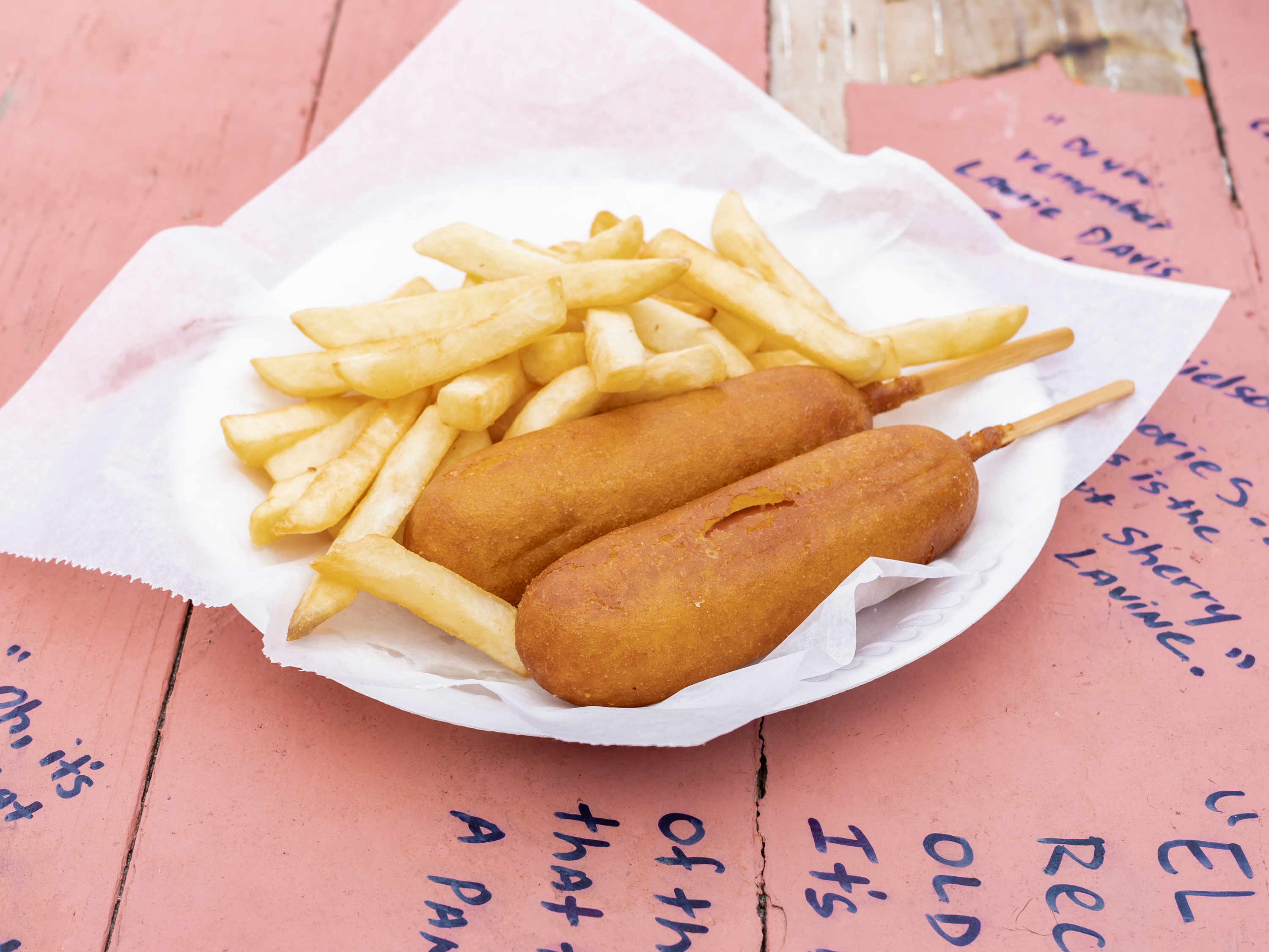 Order 2 Corn Dogs, Fries and Drink food online from Mission Burger store, San Diego on bringmethat.com