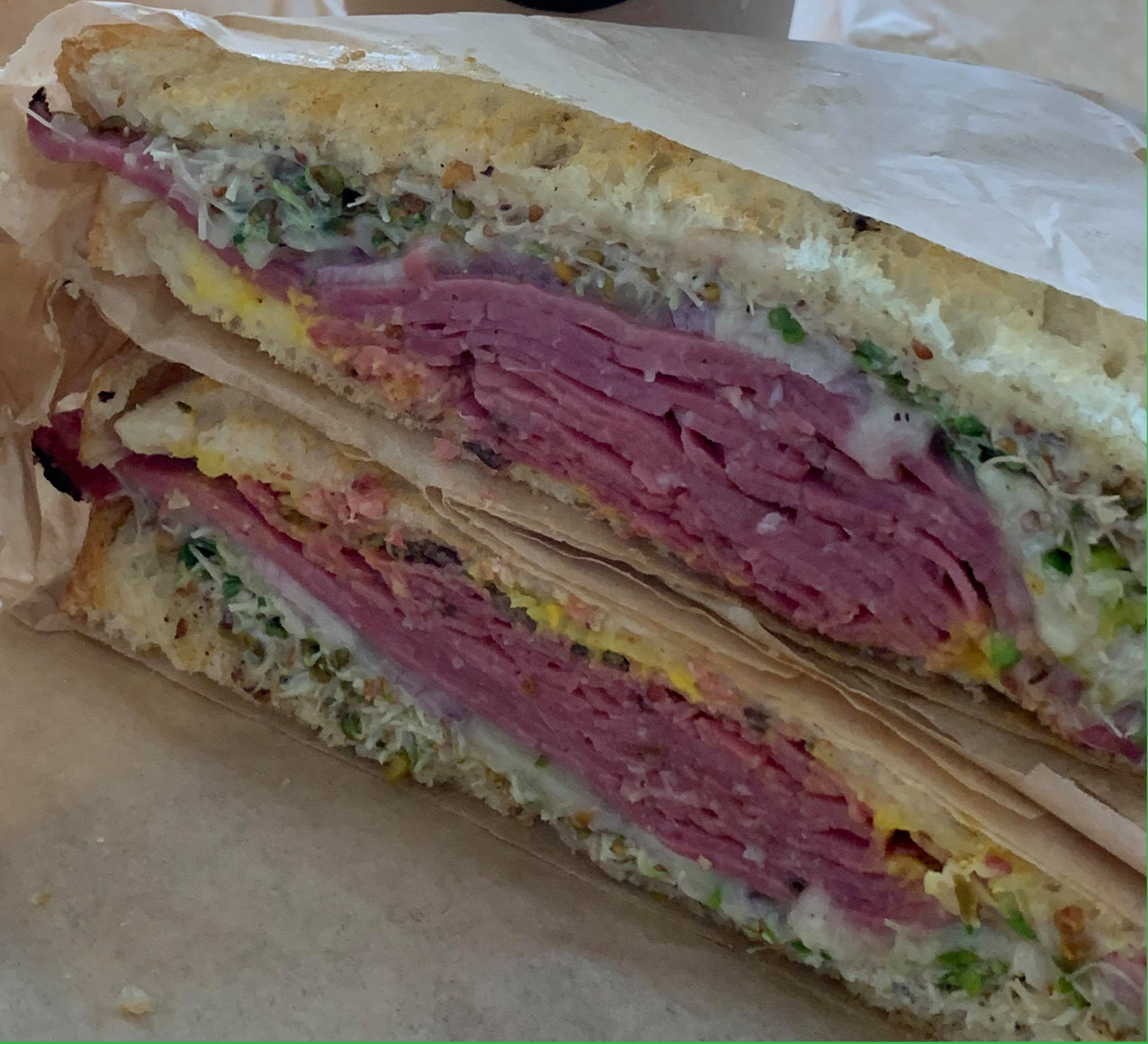 Order Spicy Peppercorn Pastrami Sandwich food online from La Matcha Cafe store, Burlingame on bringmethat.com