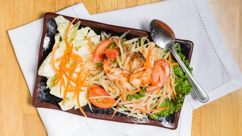 Order Green Papaya Salad with Grilled Shrimp food online from Khao Soi Thai store, Studio City on bringmethat.com