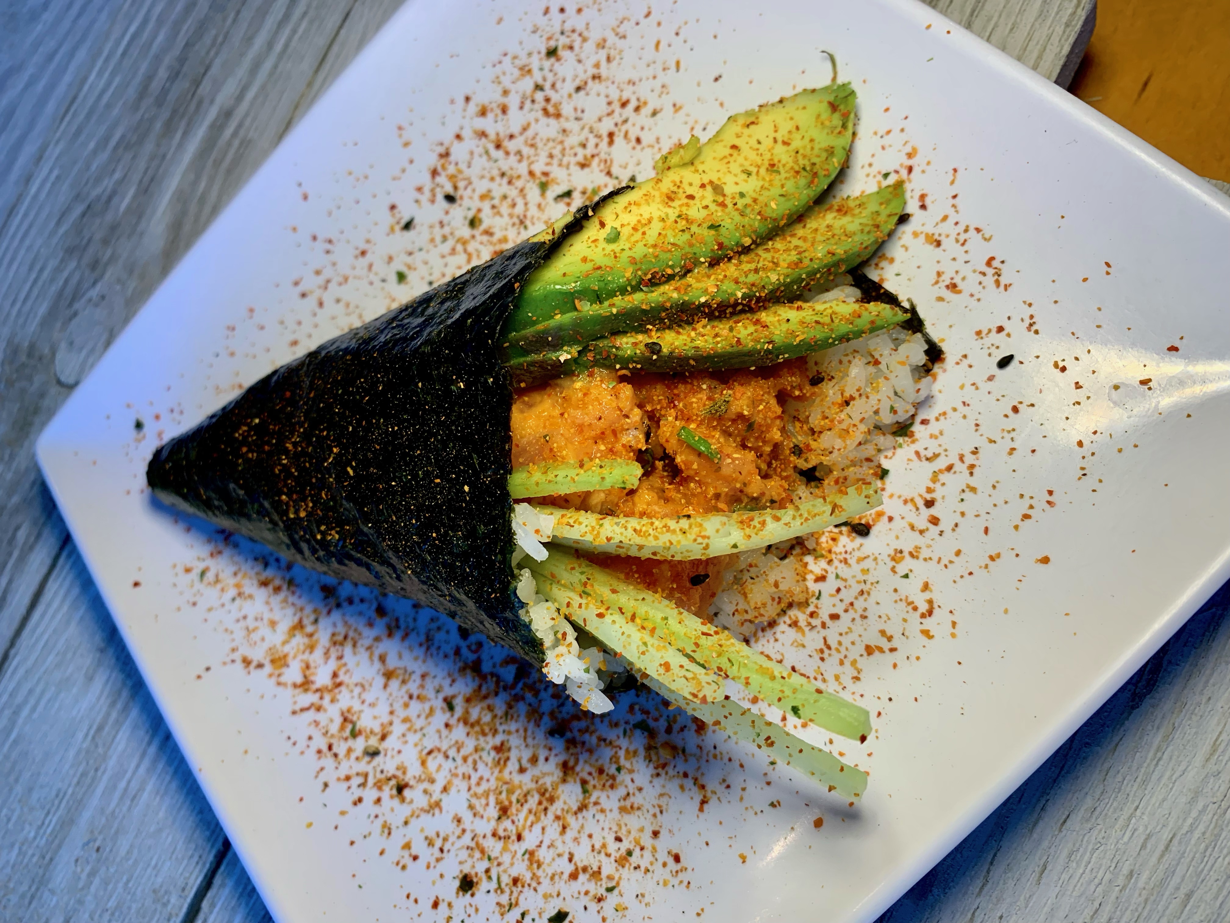 Order Spicy Salmon Hand Roll food online from Moonrise Spirits And Sushi store, El Paso on bringmethat.com