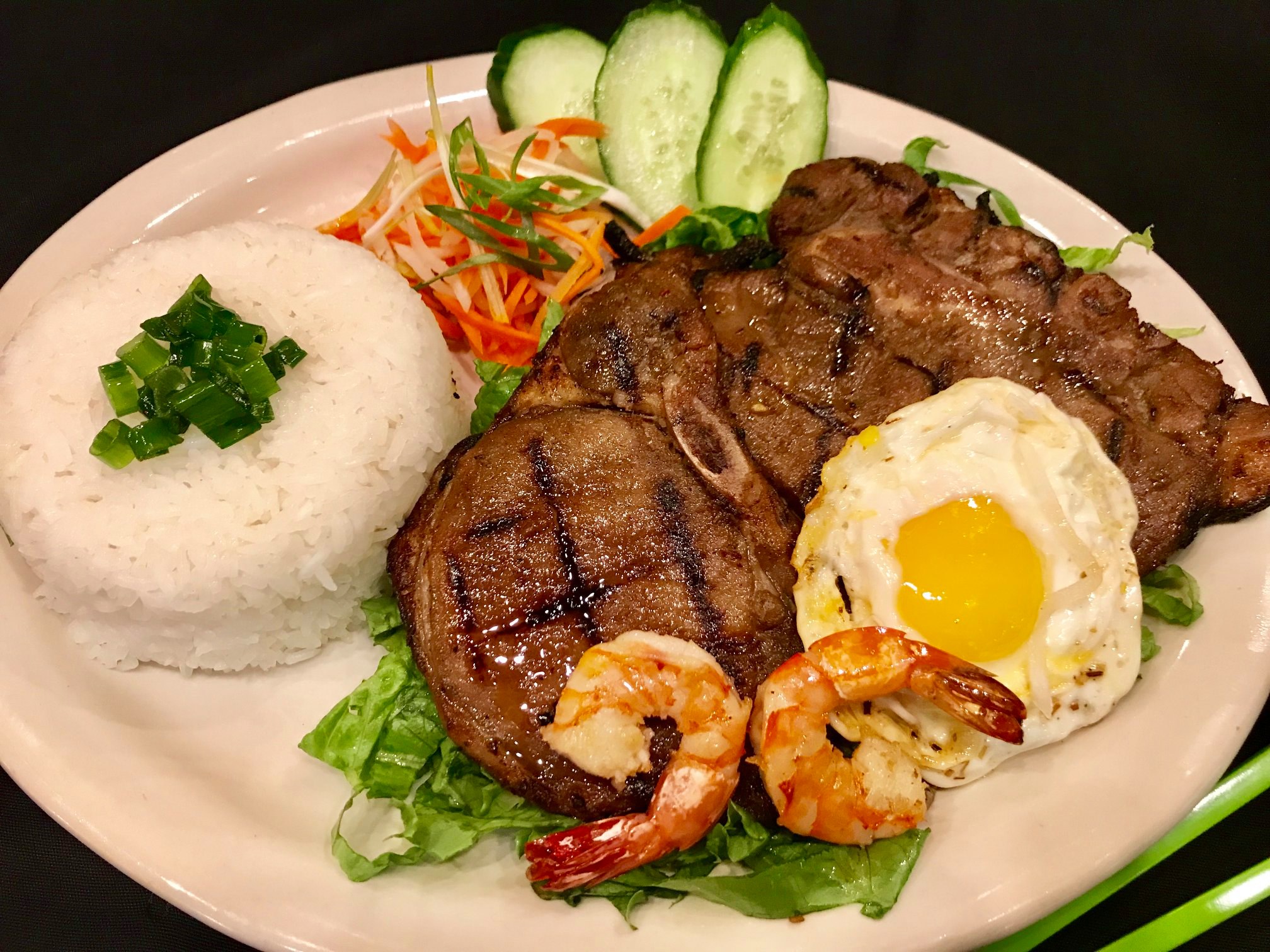 Order 30. Grilled Pork Chop, Shrimp, & Fried Egg food online from Papaya Vietnamese Cuisine store, Bellevue on bringmethat.com
