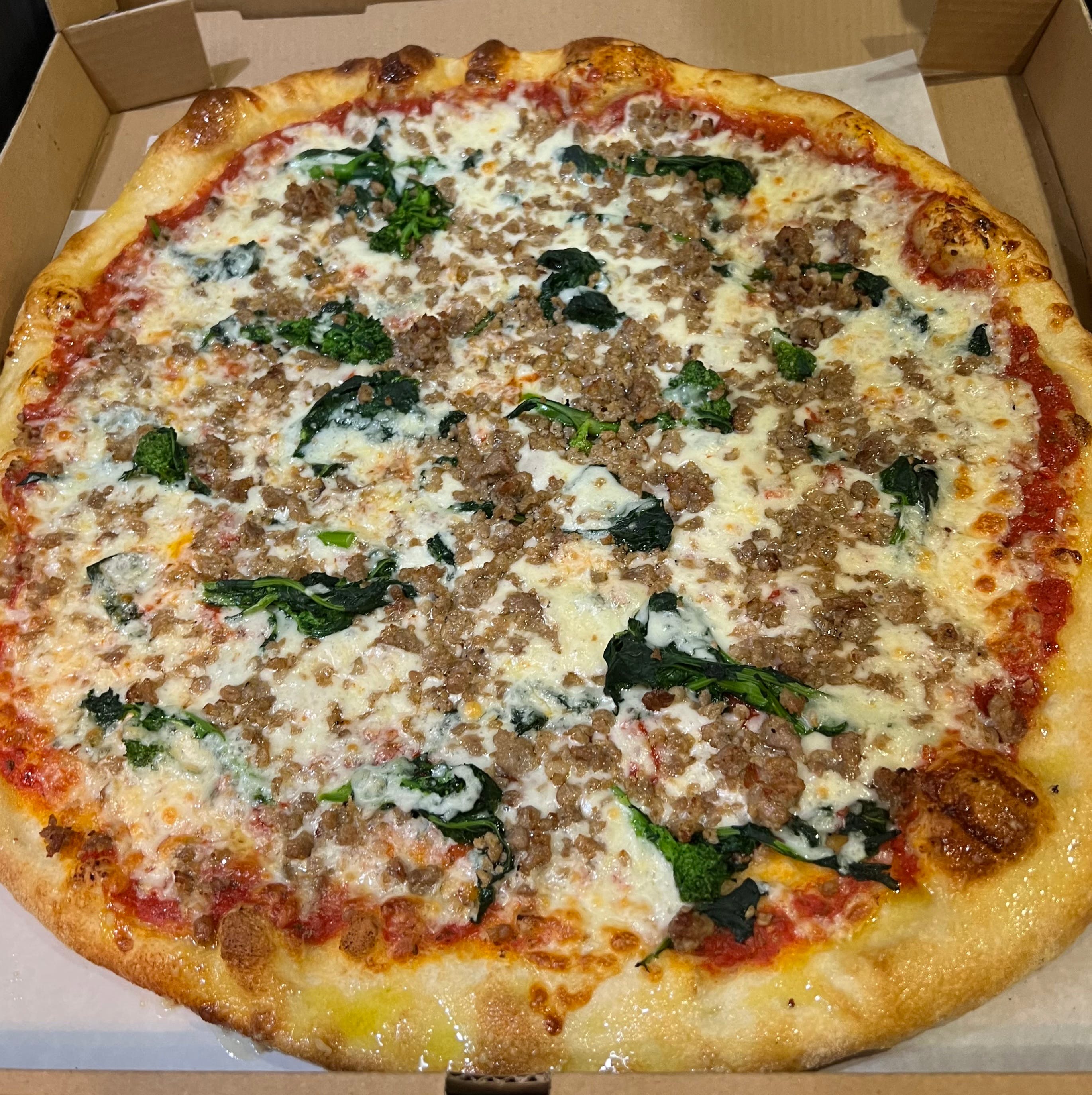 Order Sausage & Broccoli Rabe Pizza - X-Large 18'' (8 Slices) food online from Evo Brick Oven Pizza store, Philadelphia on bringmethat.com