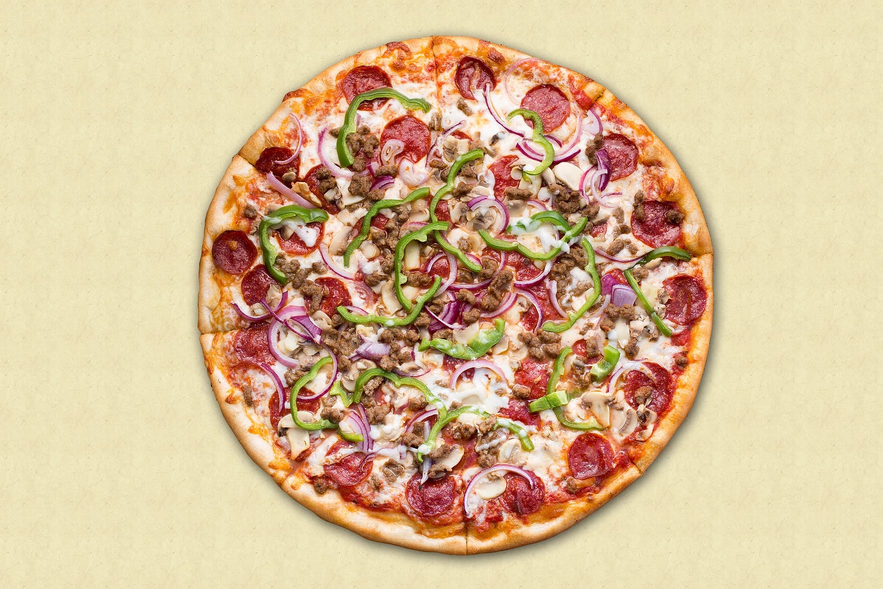 Order Deluxe Supreme Pizza - Medium 12" (6 Slices) food online from Pizza Bella store, Albany on bringmethat.com