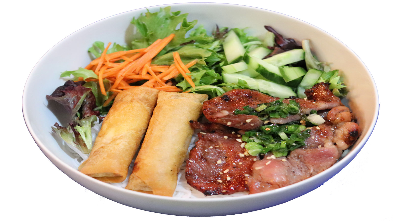 Order Vermicelli Noodle with Grill Pork & egg rolls food online from Pho Fresh Alley & Boba Tea store, Tempe on bringmethat.com