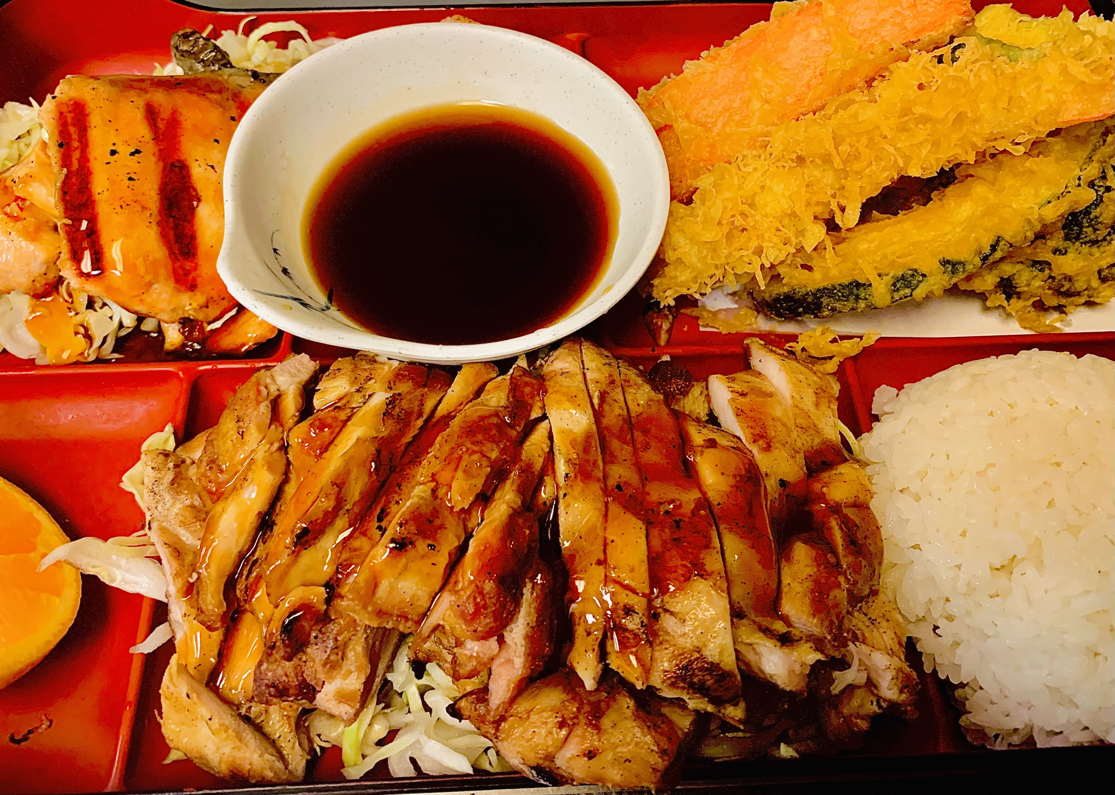 Order D25. Salmon Teriyaki, Tempura and Chicken Bento Box Dinner food online from Sushi Boat Town store, San Jose on bringmethat.com