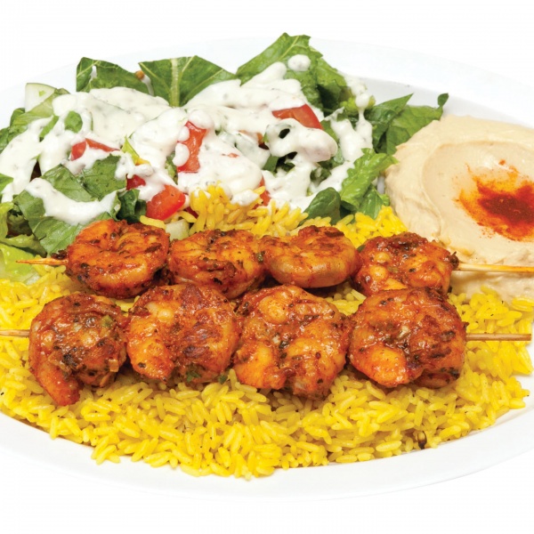 Order 4. Shrimp Kabob Plate food online from Green Olive store, Compton on bringmethat.com