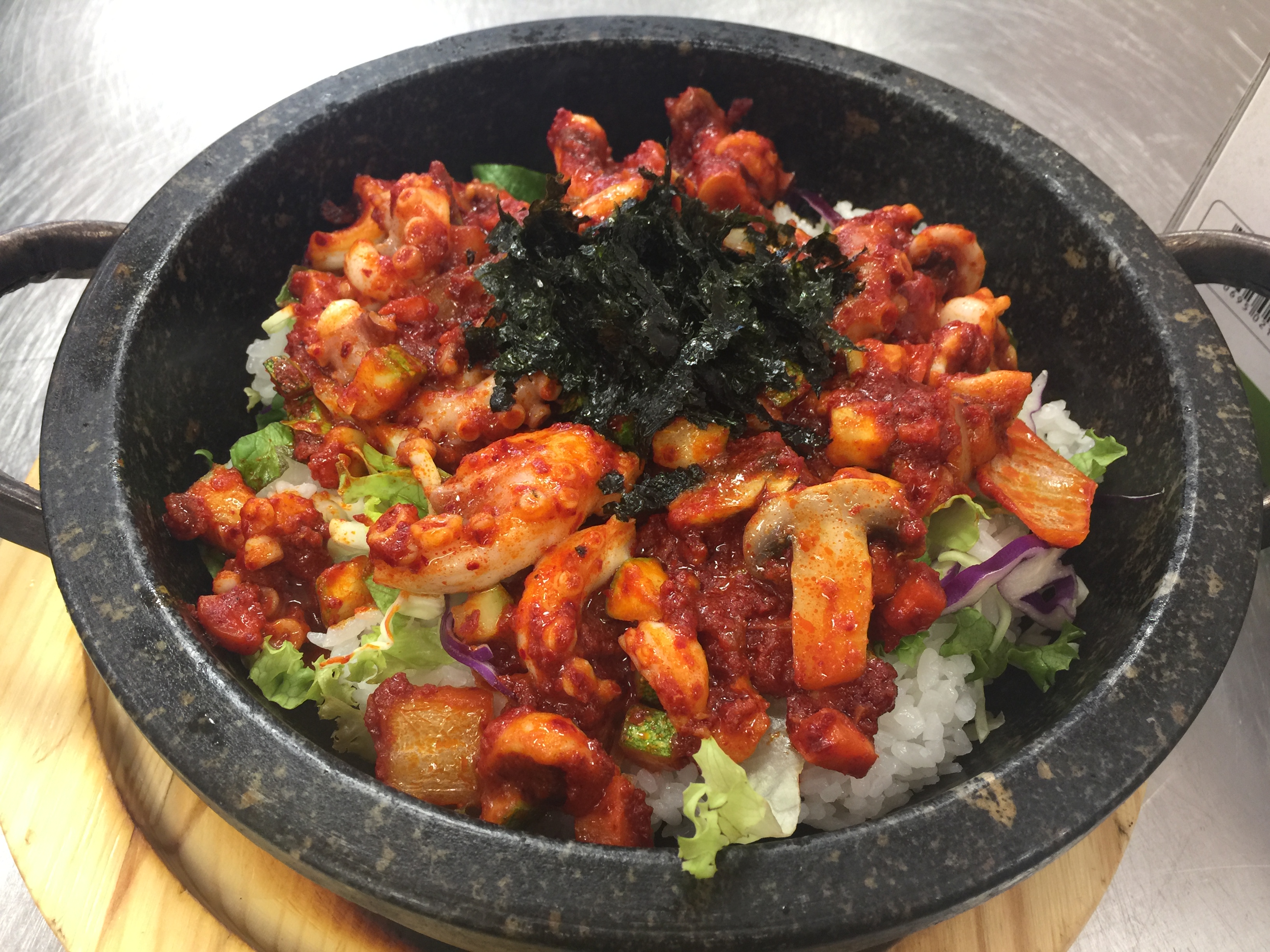 Order H6. Spicy Octopus Hot Stone Bibimbap food online from Myung Dong Tofu House store, Glendale on bringmethat.com