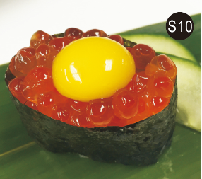 Order S10. Ikura Sushi with Quail Egg food online from J&C House store, Riverton on bringmethat.com