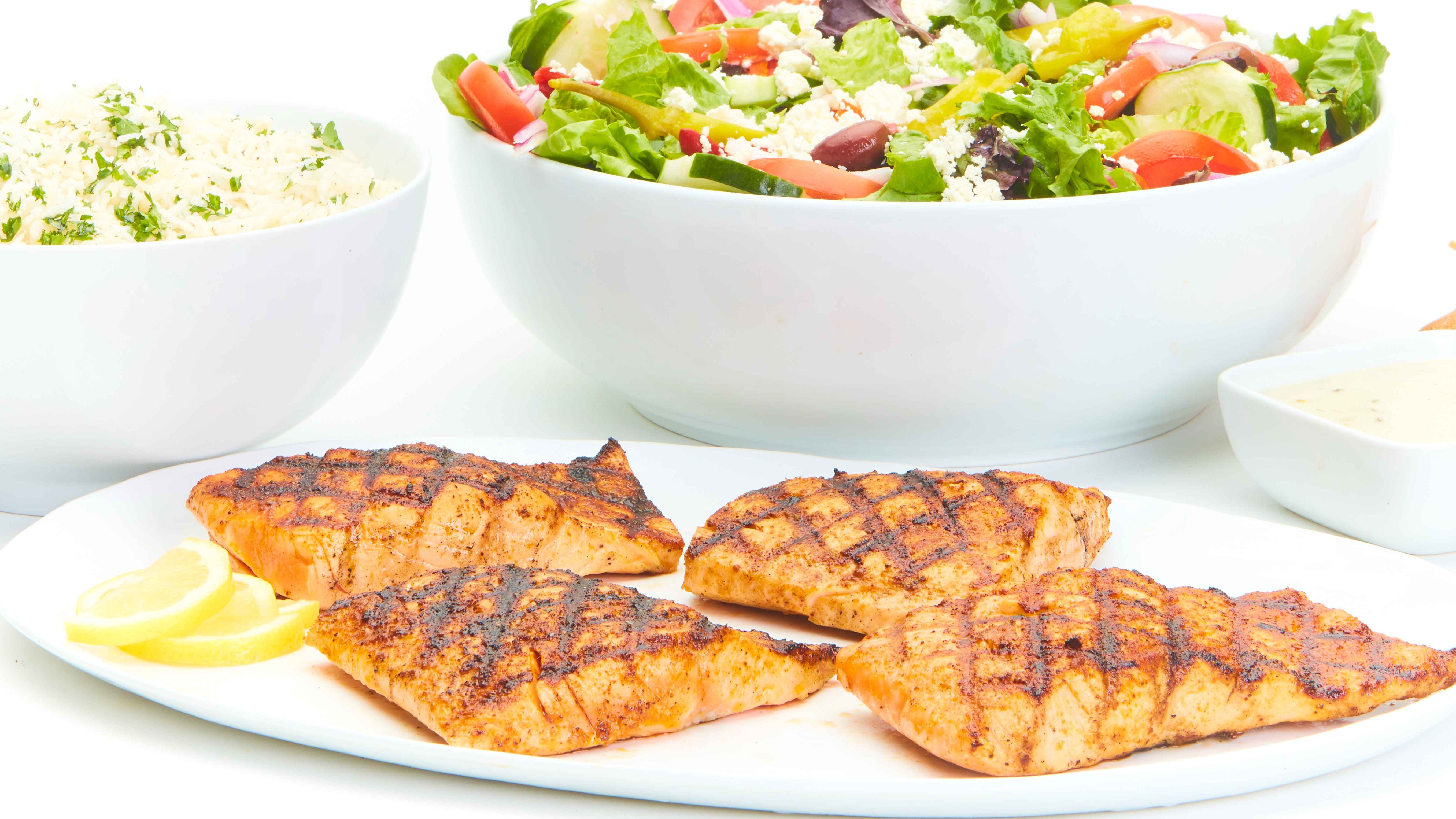 Order Grilled Salmon Feast for 6 food online from Taziki's Mediterranean Cafe store, Charlotte on bringmethat.com