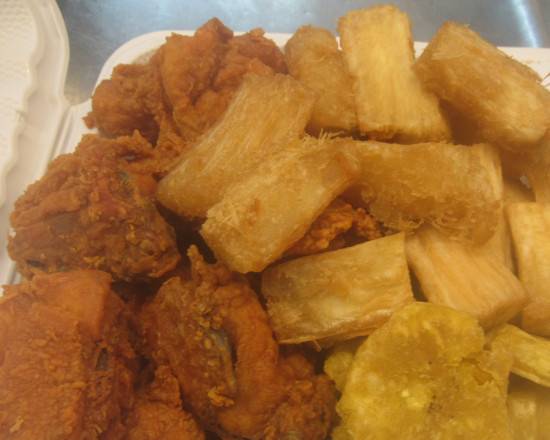 Order Pollo con hueso, Yuca frita y Tostones /Chicken on the bone, fried Yuca and Tostones food online from Peralta Brentwood Deli Grocery store, Brentwood on bringmethat.com
