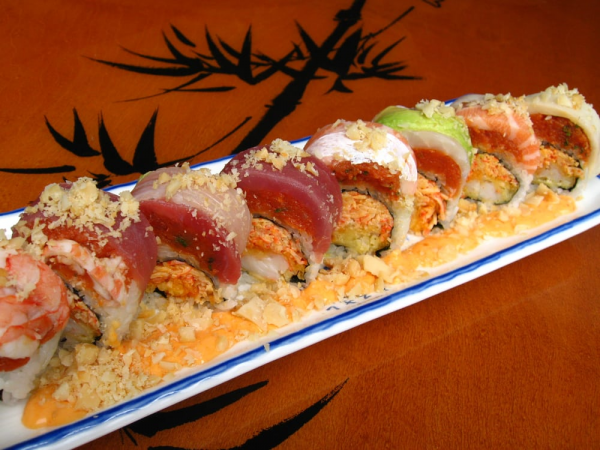 Order Double Spicy Rainbow Roll food online from Furusato Japanese Restaurant store, Campbell on bringmethat.com