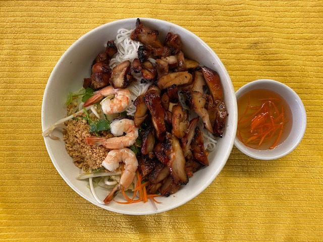 Order 37. Grilled Chicken & Shrimp-Roll Over Noodle food online from Bayon Restaurant store, Stockton on bringmethat.com