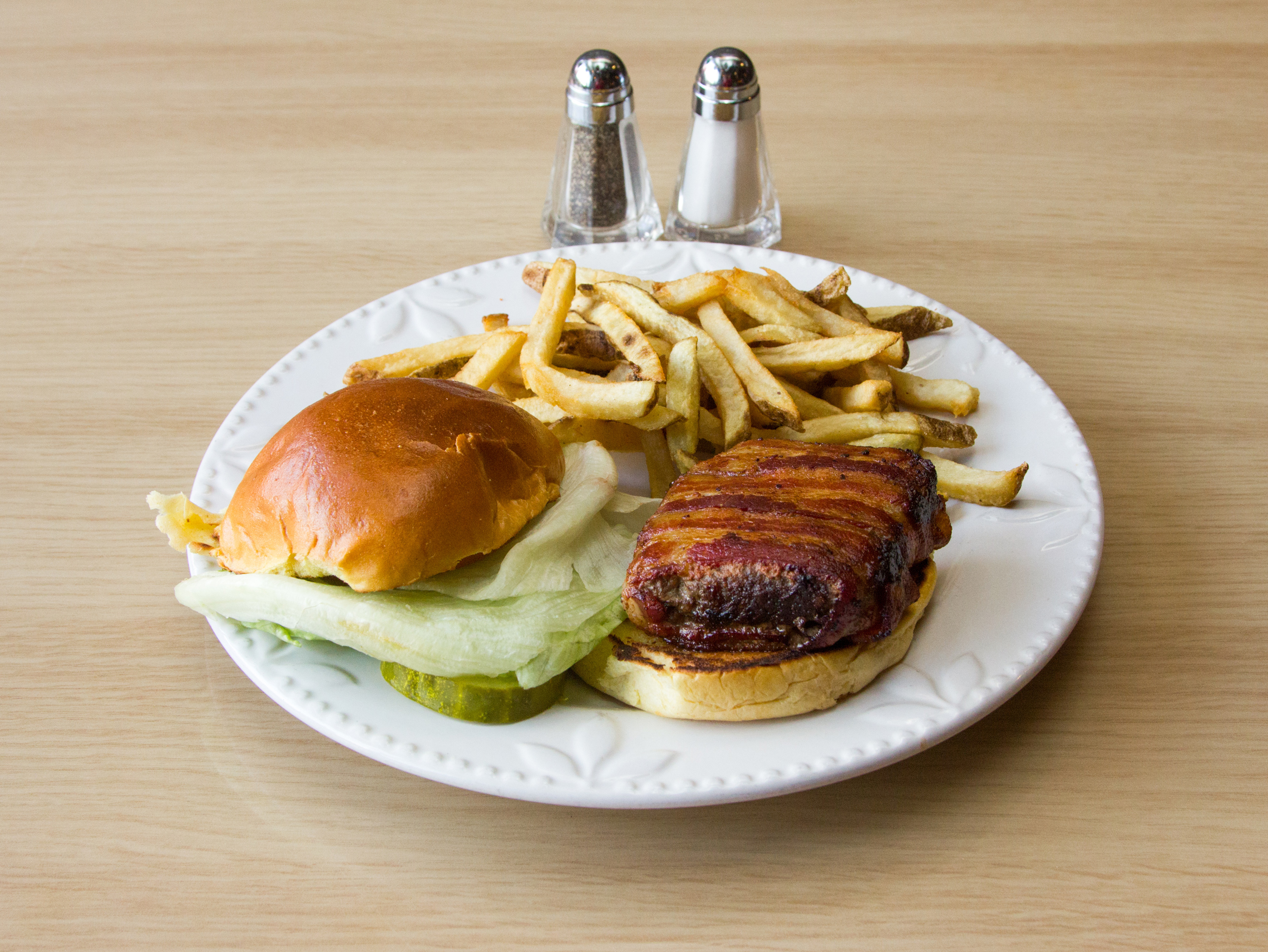 Order Bacon-Wrapped Burger Special with Fries food online from Burger Shop store, Staten Island on bringmethat.com