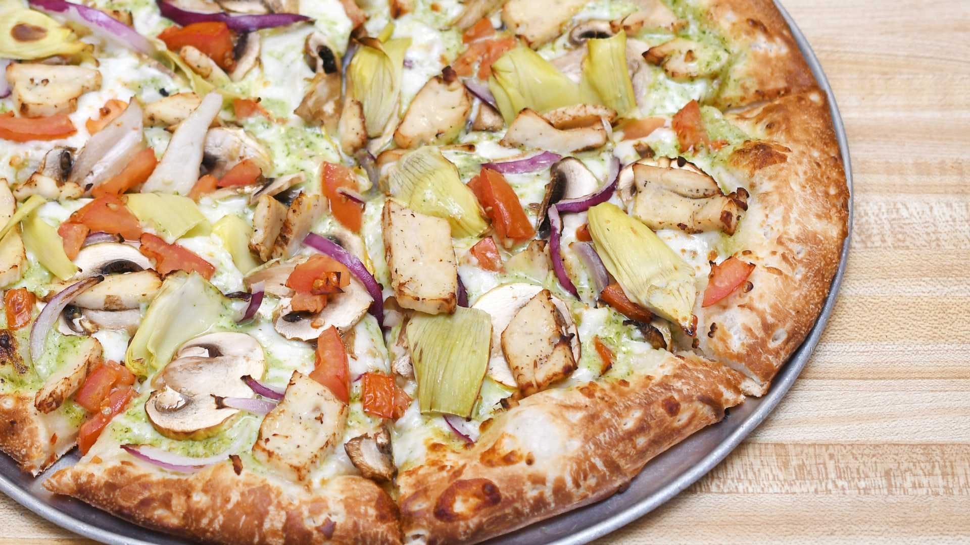 Order Chicken Pesto Pizza - Personal 8'' food online from Happy Pizza store, Manteca on bringmethat.com