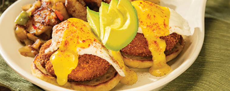 Order Crab Cake Benedict food online from Huckleberry store, Anaheim on bringmethat.com
