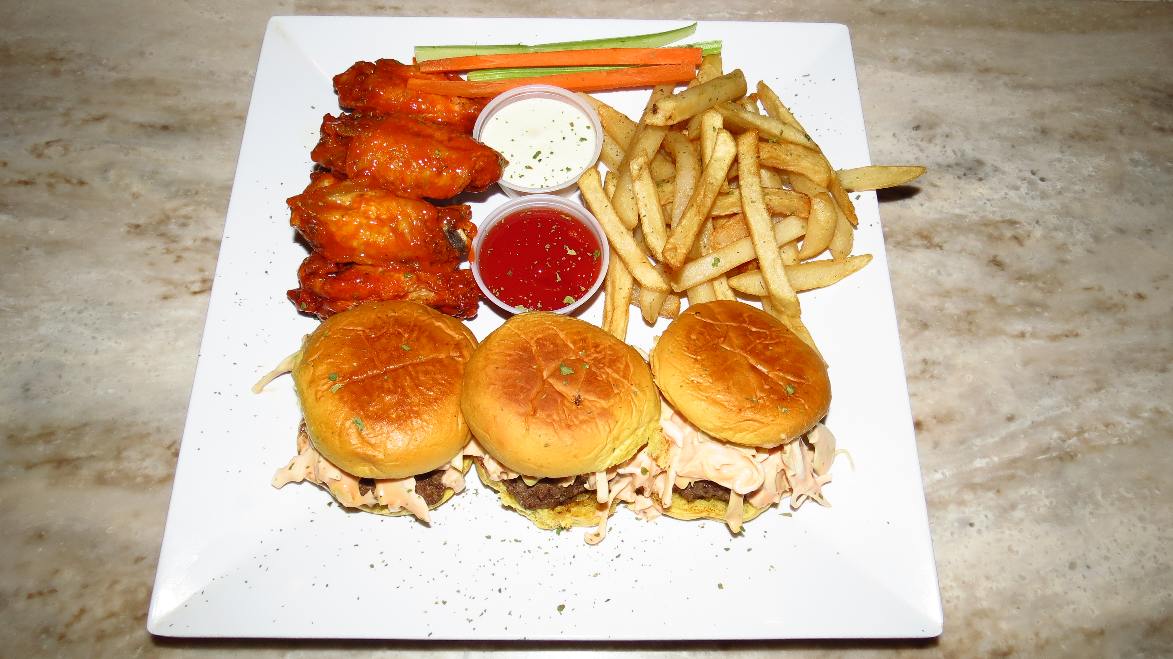 Order Burgers, Wings and Fries Platter food online from Tropix Bar & Lounge store, Rego Park on bringmethat.com