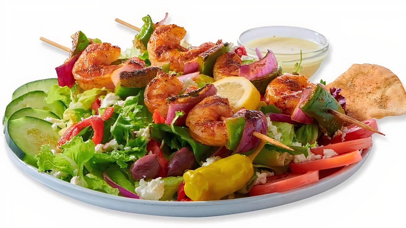 Order Greek Salad with Grilled Shrimp Kebob food online from Taziki Cafe store, Tuscaloosa on bringmethat.com