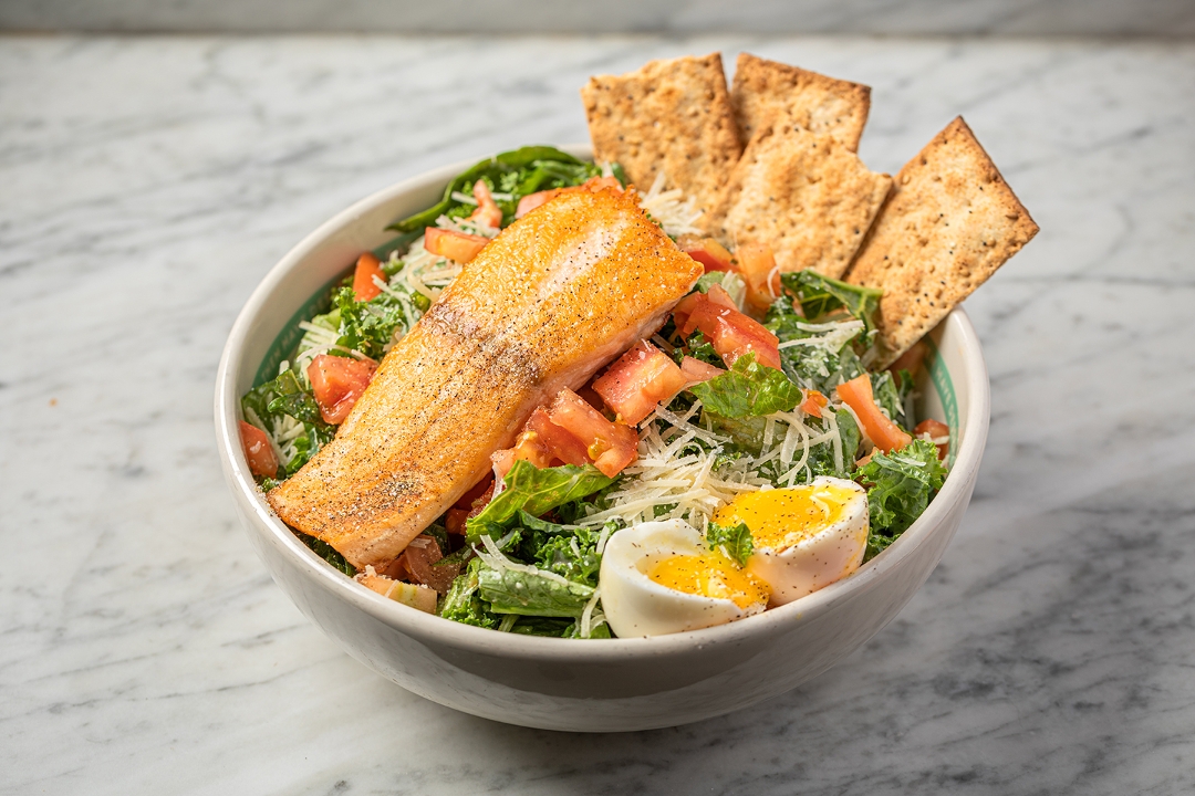 Order Grilled Salmon Kale Caesar Salad food online from Goddess And The Baker store, Chicago on bringmethat.com