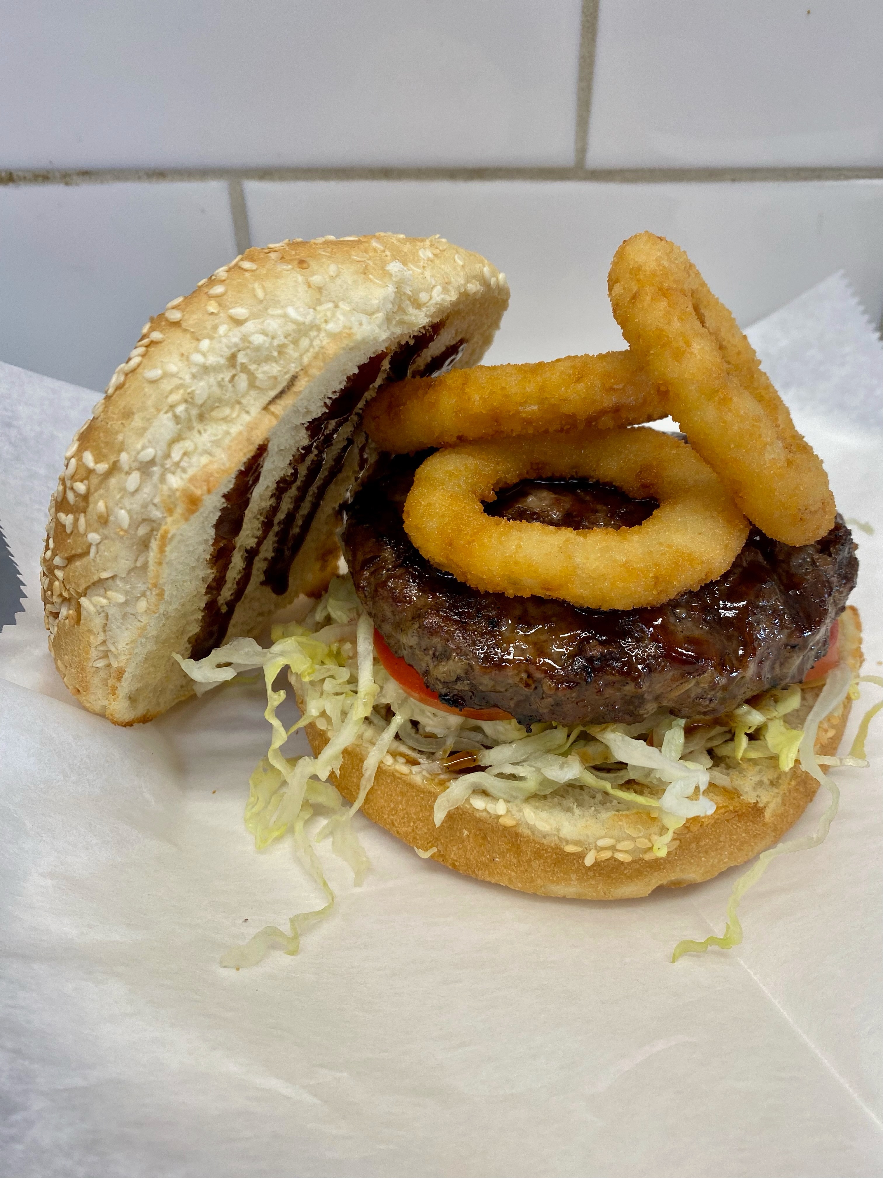 Order Cowboy Burger food online from Famous Pizza store, Paramus on bringmethat.com