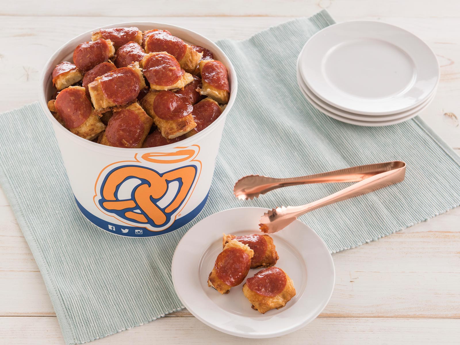 Order Pepperoni Pretzel Nuggets Bucket food online from Auntie Anne store, Coralville on bringmethat.com
