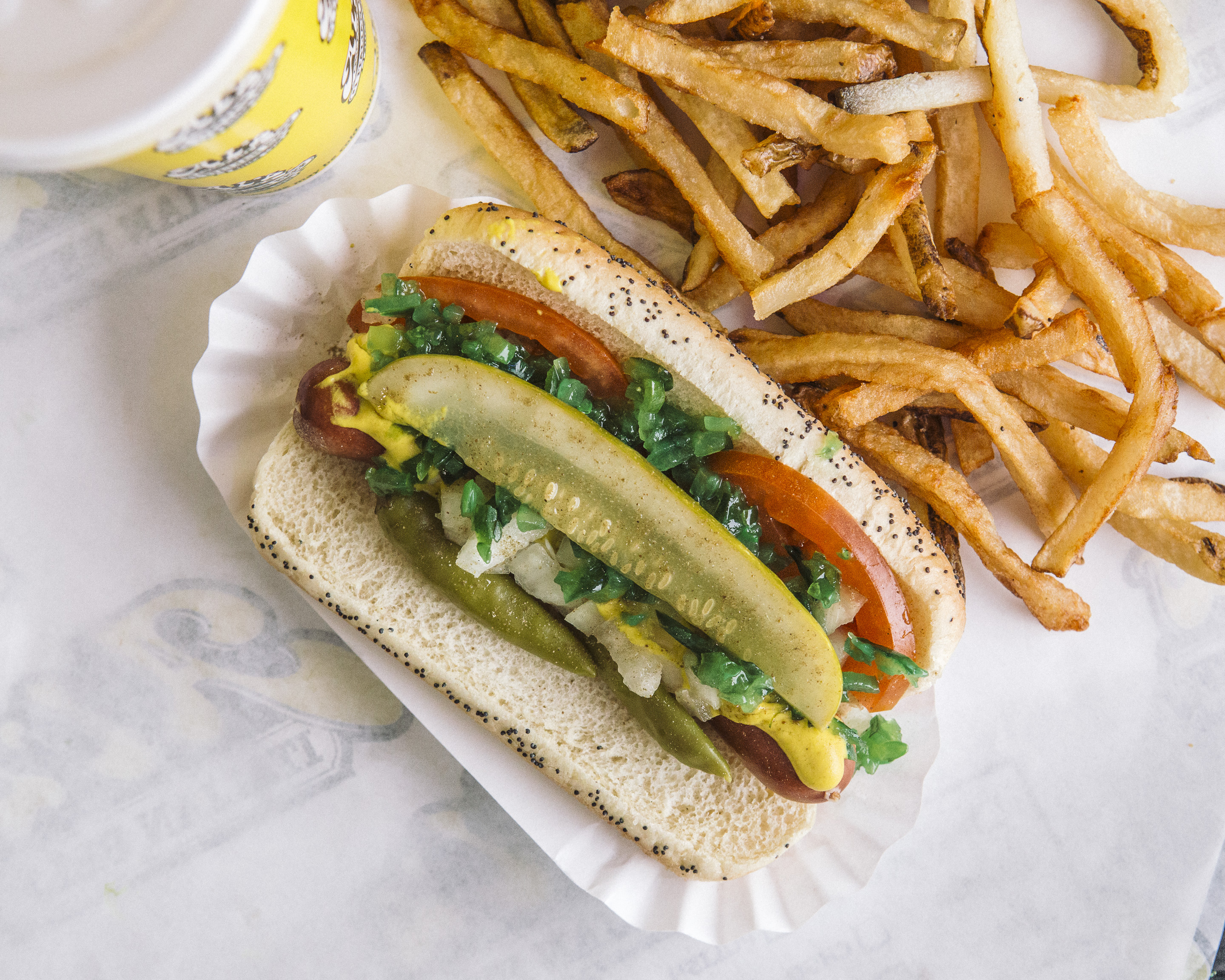 Order Chicago Dog with Fries food online from Al's #1 Italian Beef store, Niles on bringmethat.com