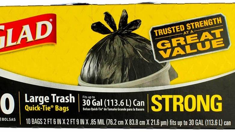 Order Glad Quick Tie Large Trash Bags - 10 Ct food online from Shell Rock Spring store, Bel Air on bringmethat.com