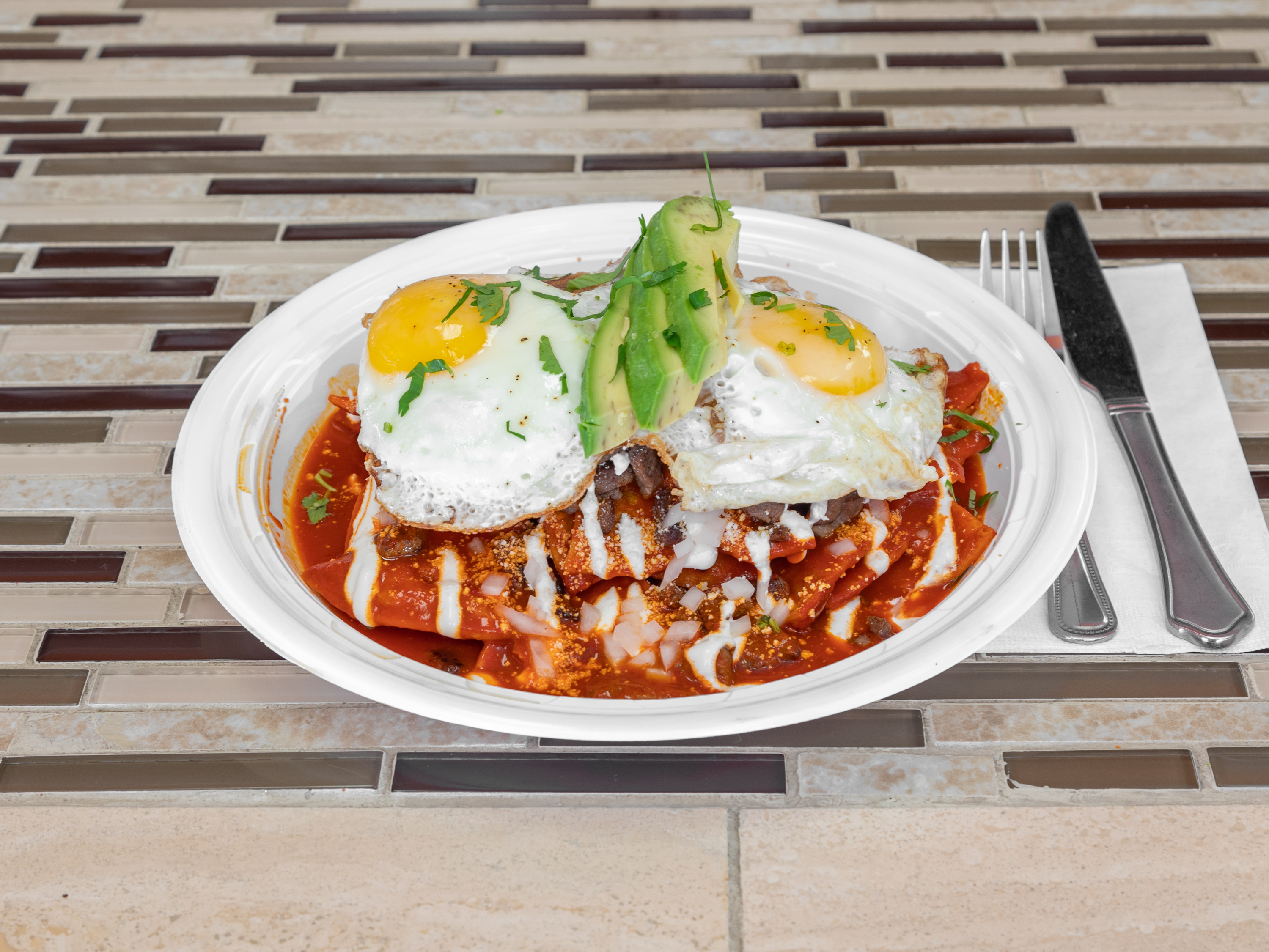 Order Chilaquiles with meat food online from La Cueva Fonda store, Bronx on bringmethat.com