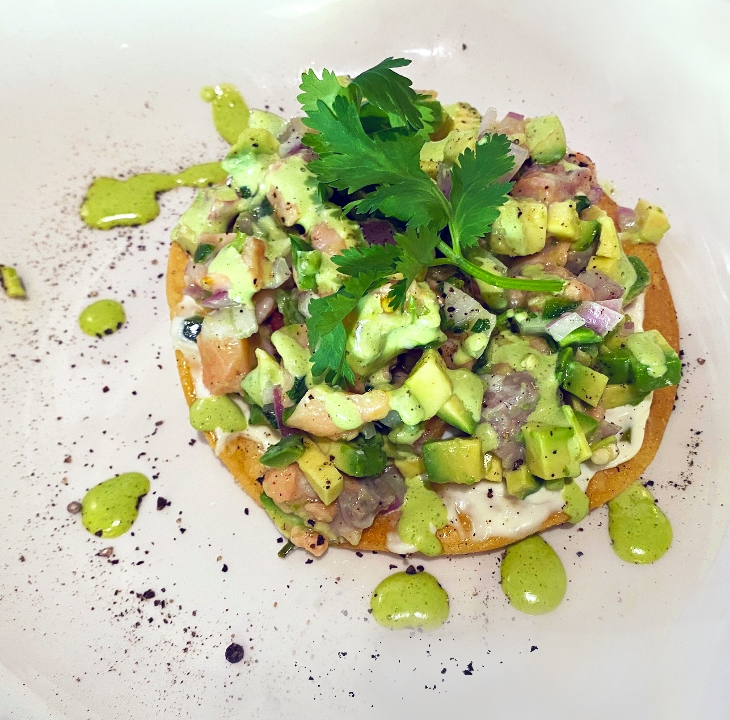 Order Oaxacan Salmon Tostada food online from French Meadow Cafe store, Minneapolis on bringmethat.com