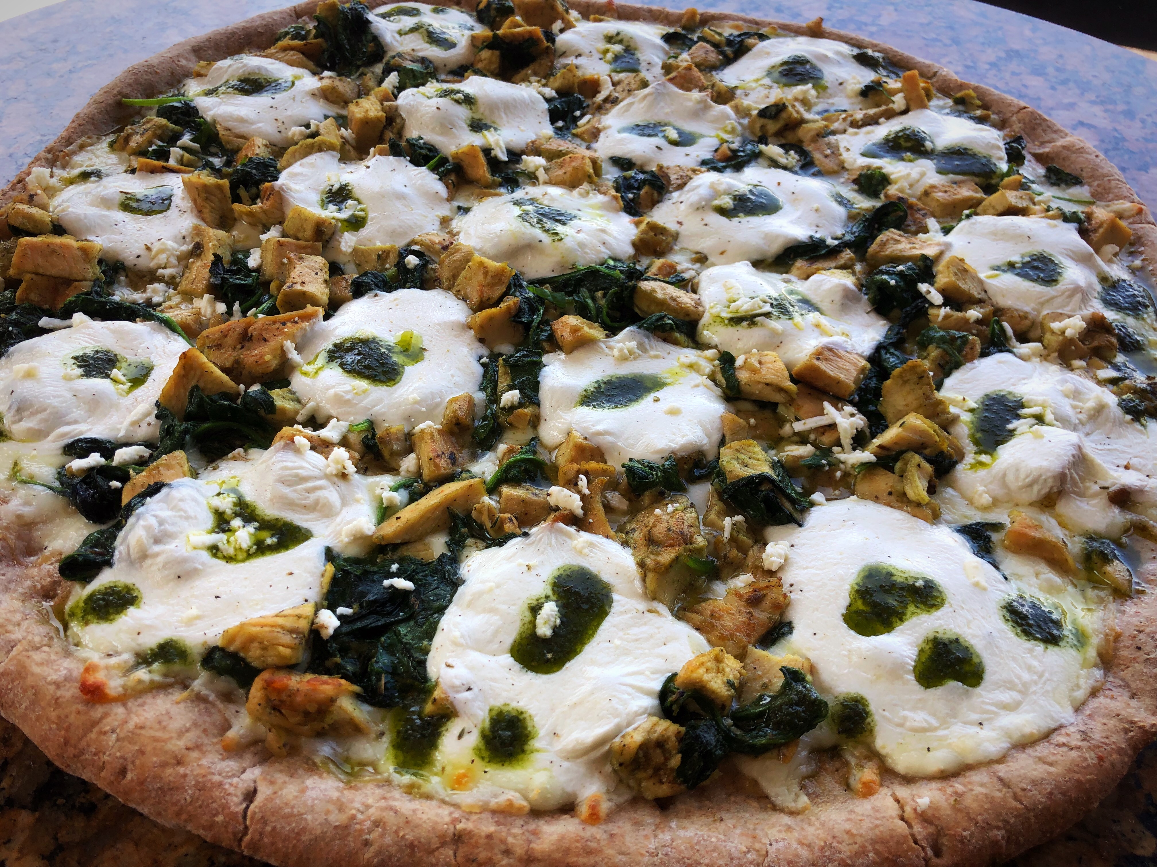 Order Large Chicken Pesto Pizza food online from Healthy Garden & Gourmet Pizza store, Moorestown on bringmethat.com
