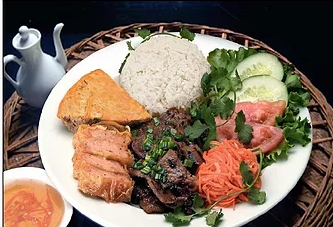 Order Charbroiled Meat, Egg Quiche, Fried Shrimp Patty with Steamed Rice (Com Cha Thit Nuong Tau Hu Ky) food online from Pho Super Bowl store, Diamond Bar on bringmethat.com