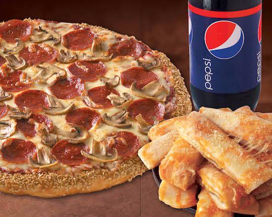 Order Large 2 Topping Pizza, Three Cheezer Bread & 2 Liter of Soda food online from Hungry Howie's Pizza store, Gainesville on bringmethat.com