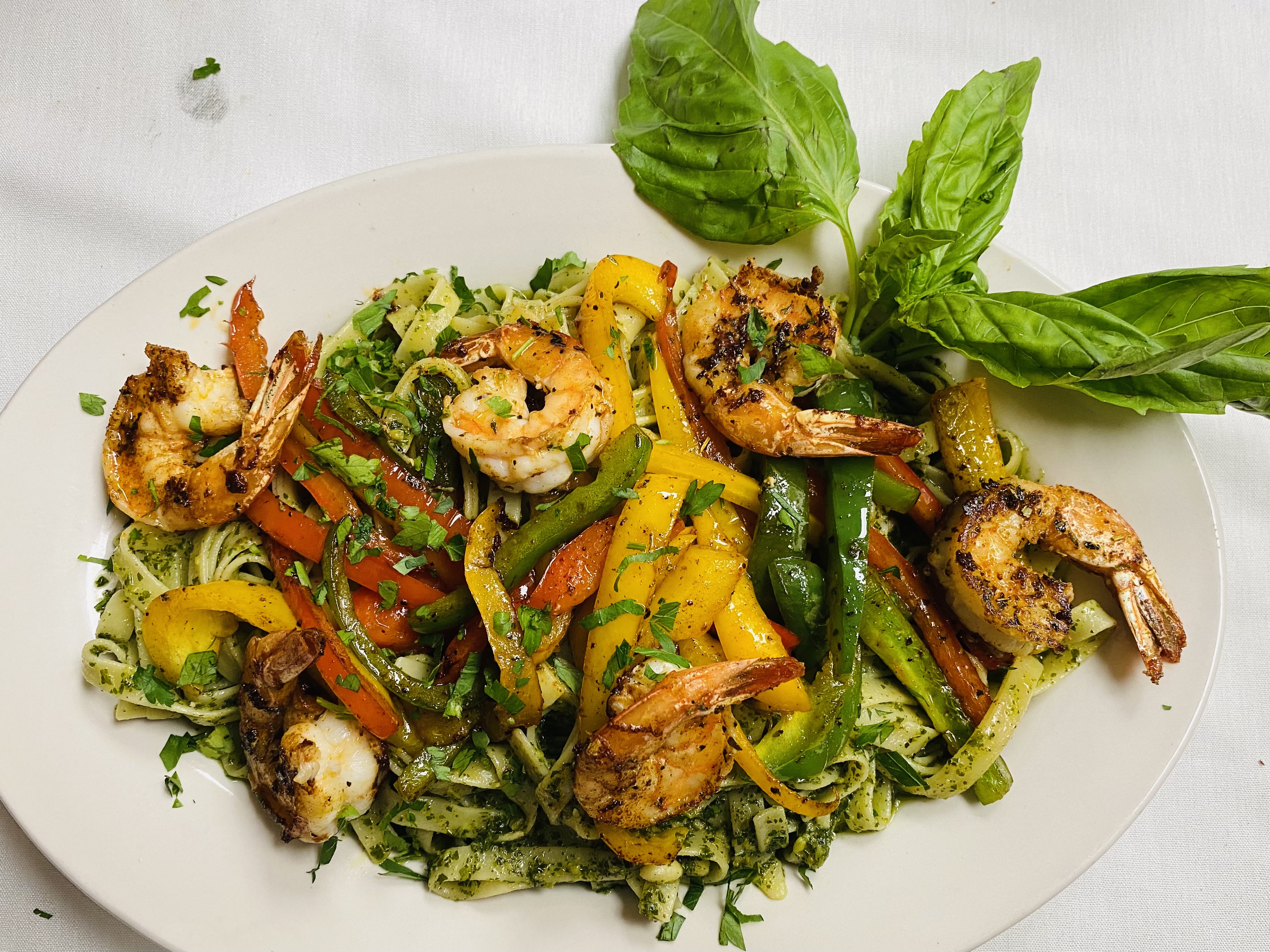 Order Pesto Fettuccine with Grilled Shrimp Lunch food online from Santa Barbara Italian Cafe store, Pearland on bringmethat.com