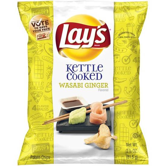 Order Lay's Kettle Cooked Wasabi Ginger Potato Chips food online from Deerings Market store, Traverse City on bringmethat.com