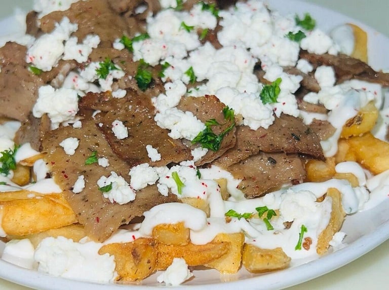 Order Loaded Fries Plate food online from Aladdin Mediterranean Cuisine store, New Albany on bringmethat.com