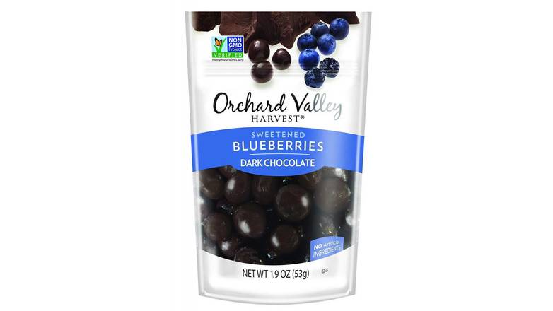 Order Orchard Valley Harvest Dark Chocolate Blueberries food online from Trumbull Mobil store, Trumbull on bringmethat.com