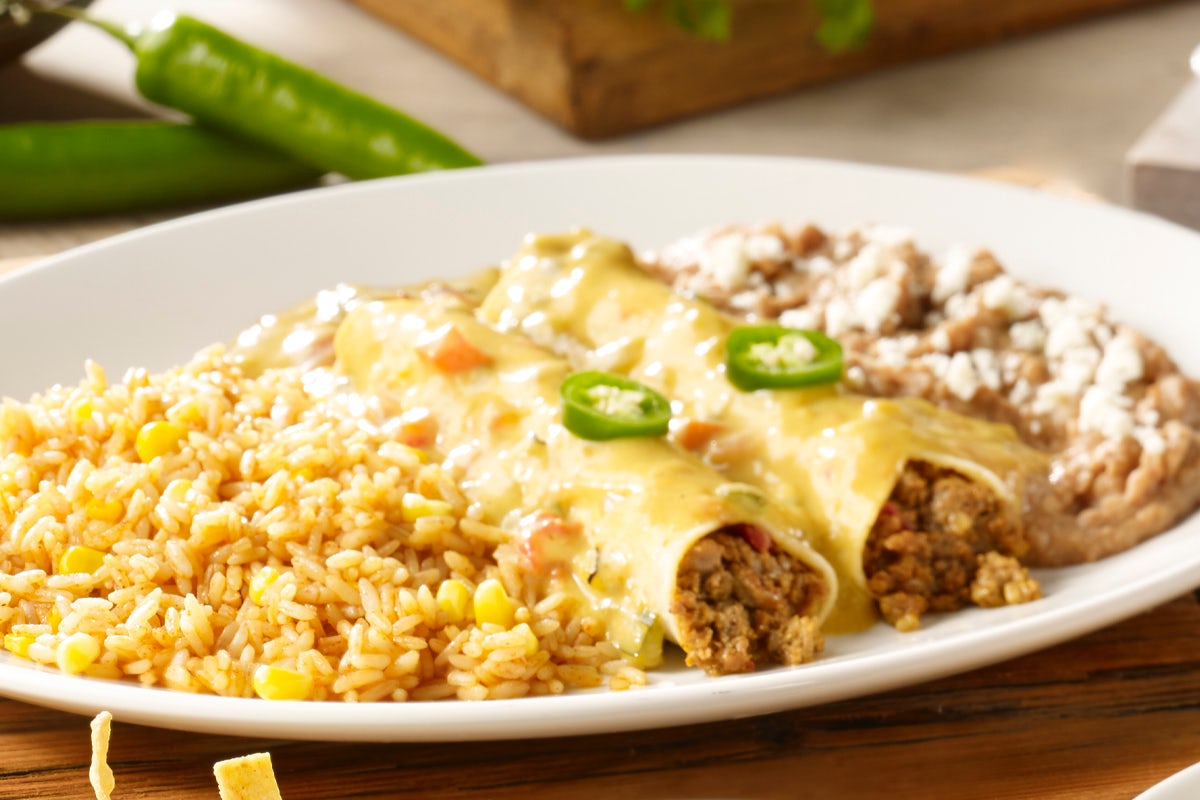 Order Border Queso Beef Enchiladas food online from On The Border store, Concord on bringmethat.com