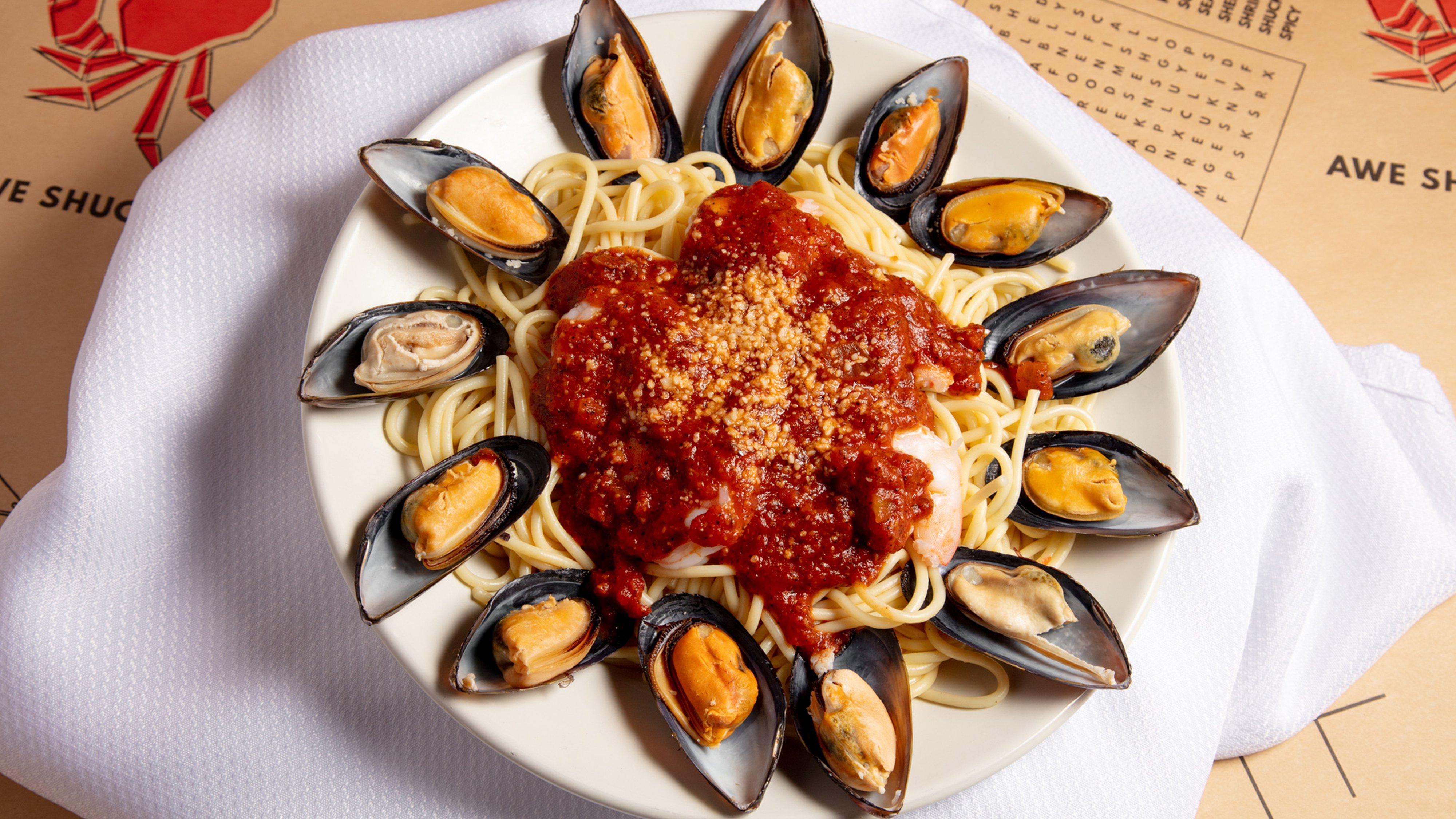 Order O: Seafood Spaghetti food online from Hook & Reel Cajun Seafood & Bar store, Lansdowne on bringmethat.com
